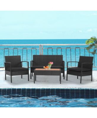 4 Pieces Patio Rattan Cushioned Furniture Set with Wooden Tabletop