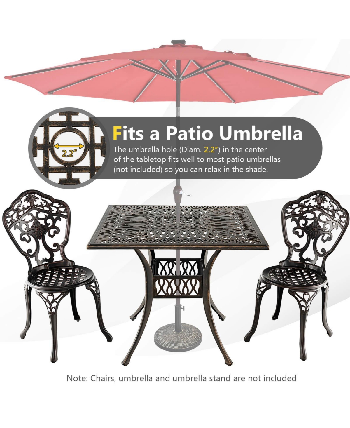 Sugift Aluminum Patio Square Dining Table with Umbrella Hole