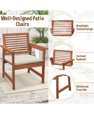 Set of 2 Patio Solid Wood Dining Chairs with Cushions and Slatted Seat