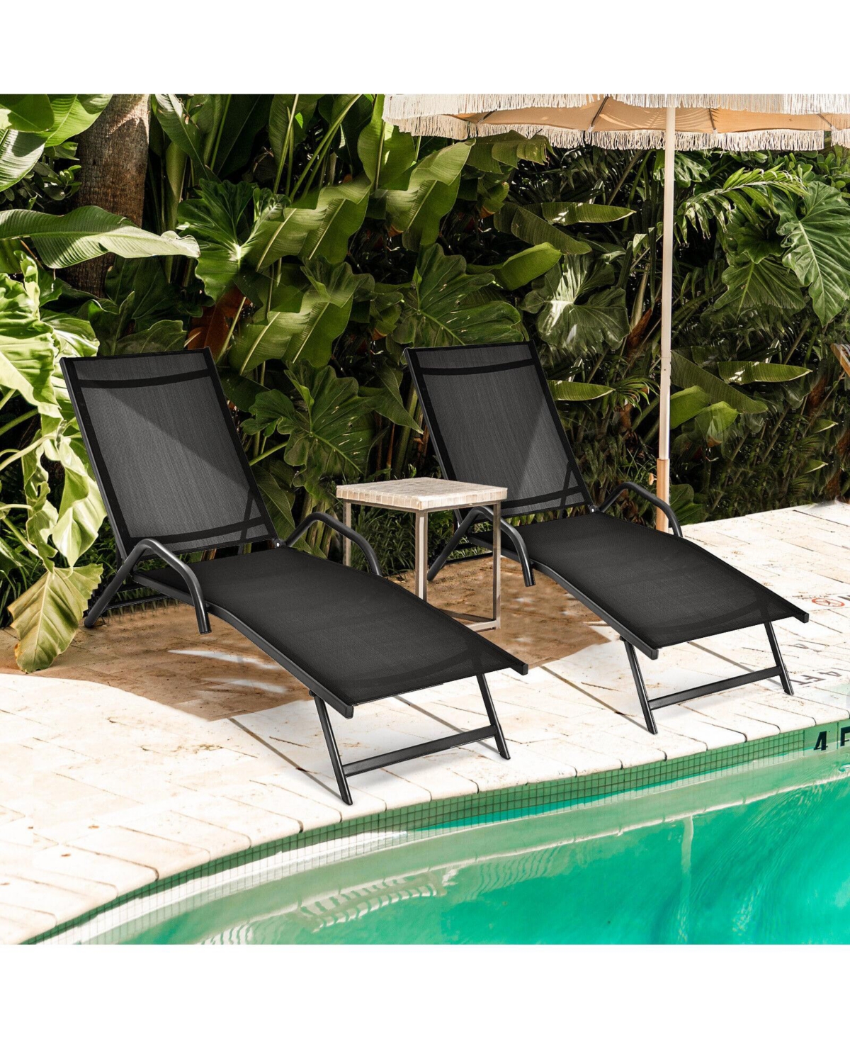 Inolait 2 Pieces Outdoor Chaise Lounge with 5-Position Adjustable Backrest
