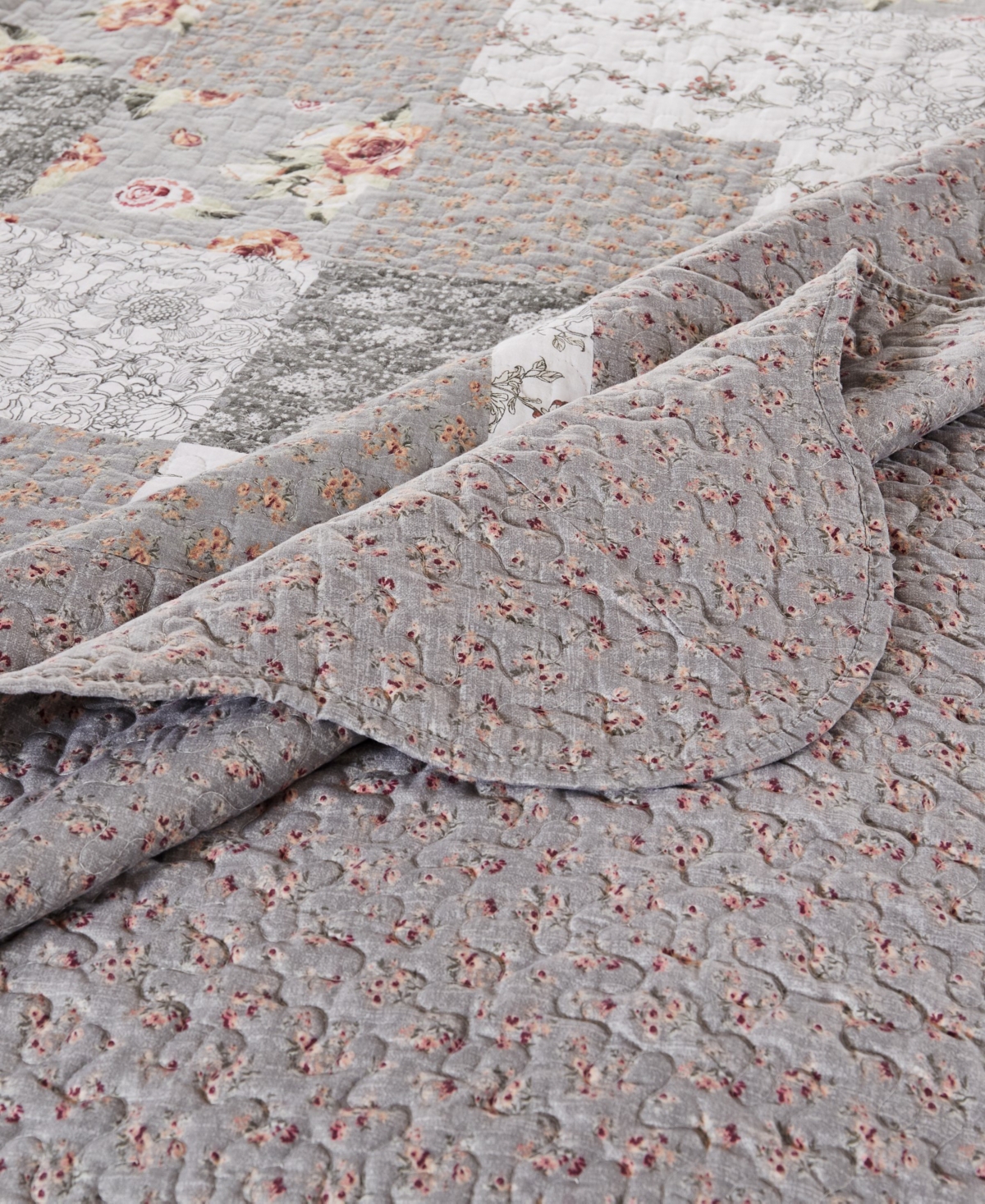 Greenland Home Fashions Giulia Floral Print 3-pc. Bedspread Set, Queen In Gray