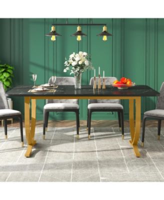 Rectangular Dining Table for 4, 63 Inches Modern Kitchen Table with Faux Marble Table Top and Metal Legs for Dining Room, Kitchen, Black & Gold