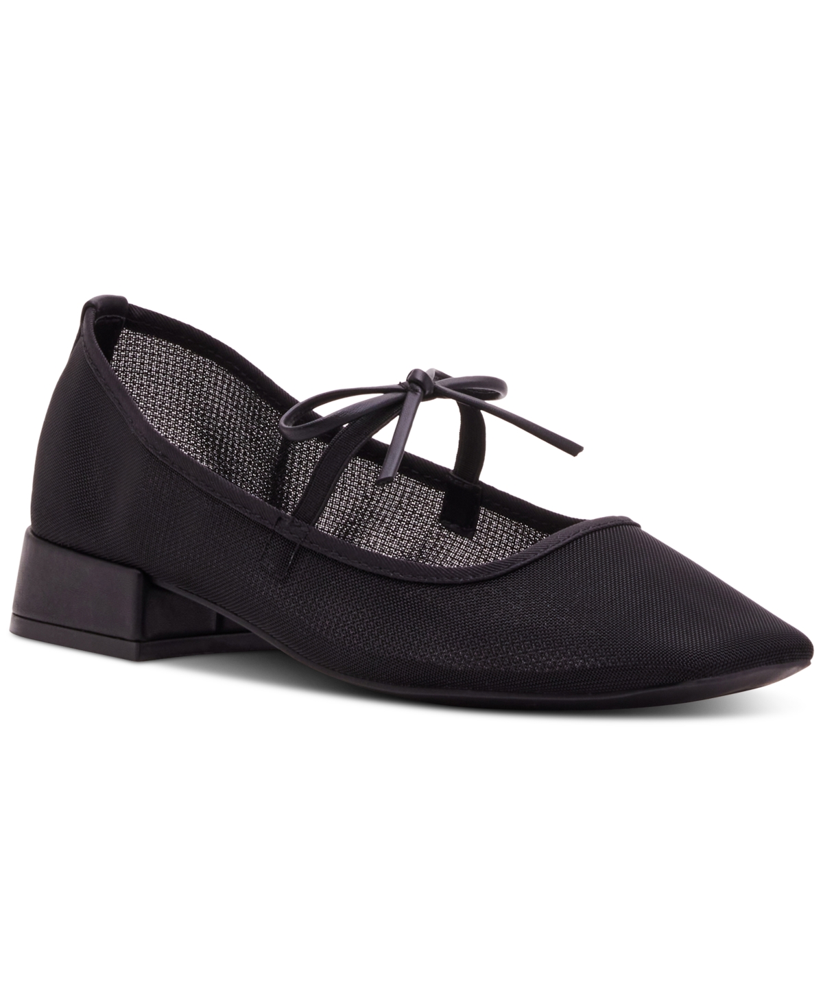 Egret Block-Heel Mary-Jane Bow Ballet Flats - Black Mesh