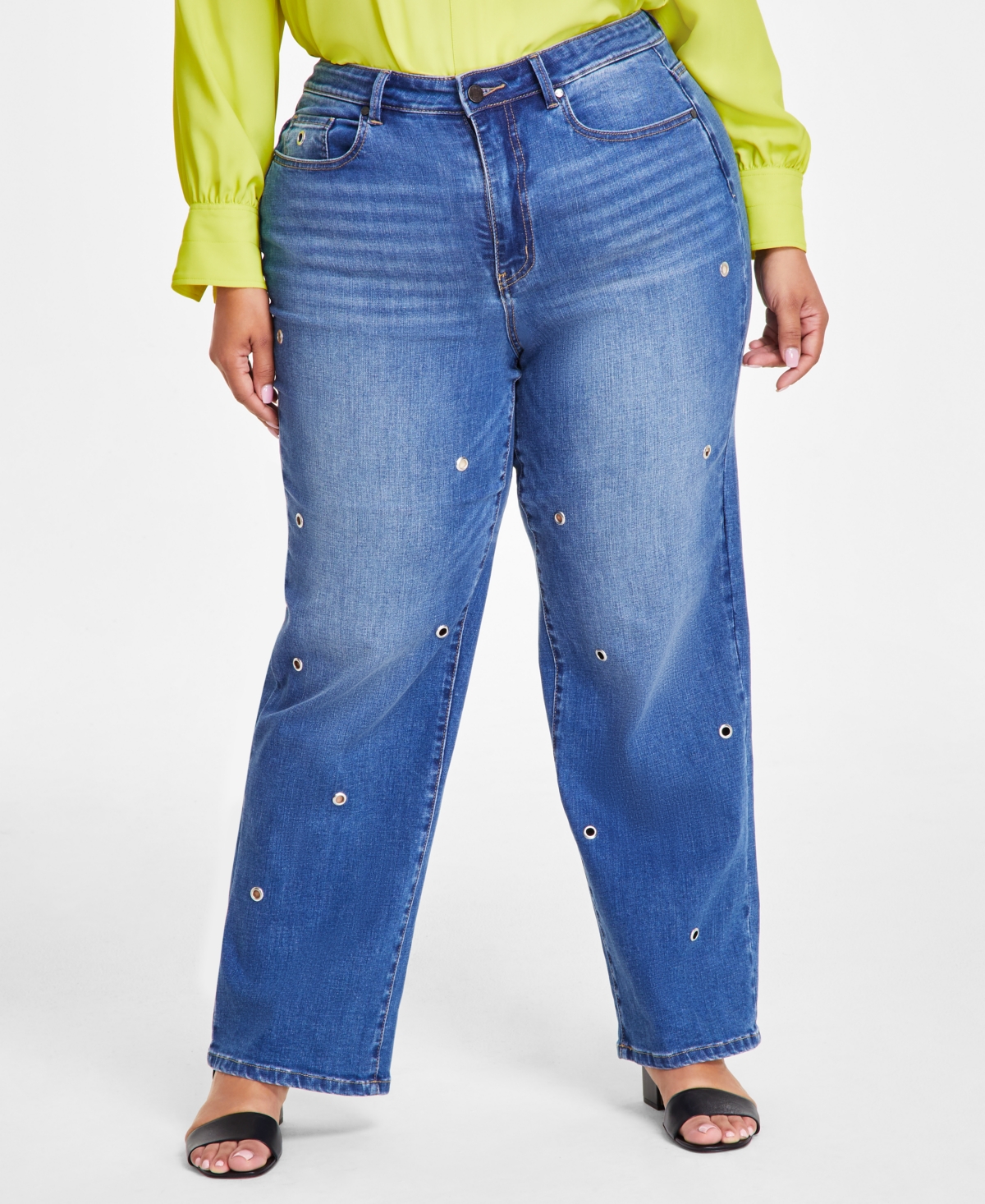 Vince Camuto Plus Size High-Rise Straight-Leg Grommet Jeans