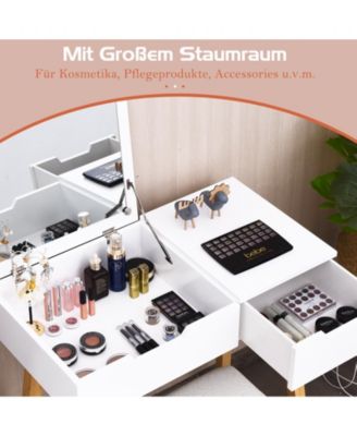 Wooden Vanity Table with Flip Top Mirror and Cushioned Stool