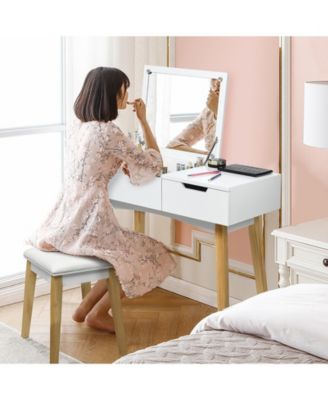Wooden Vanity Table with Flip Top Mirror and Cushioned Stool