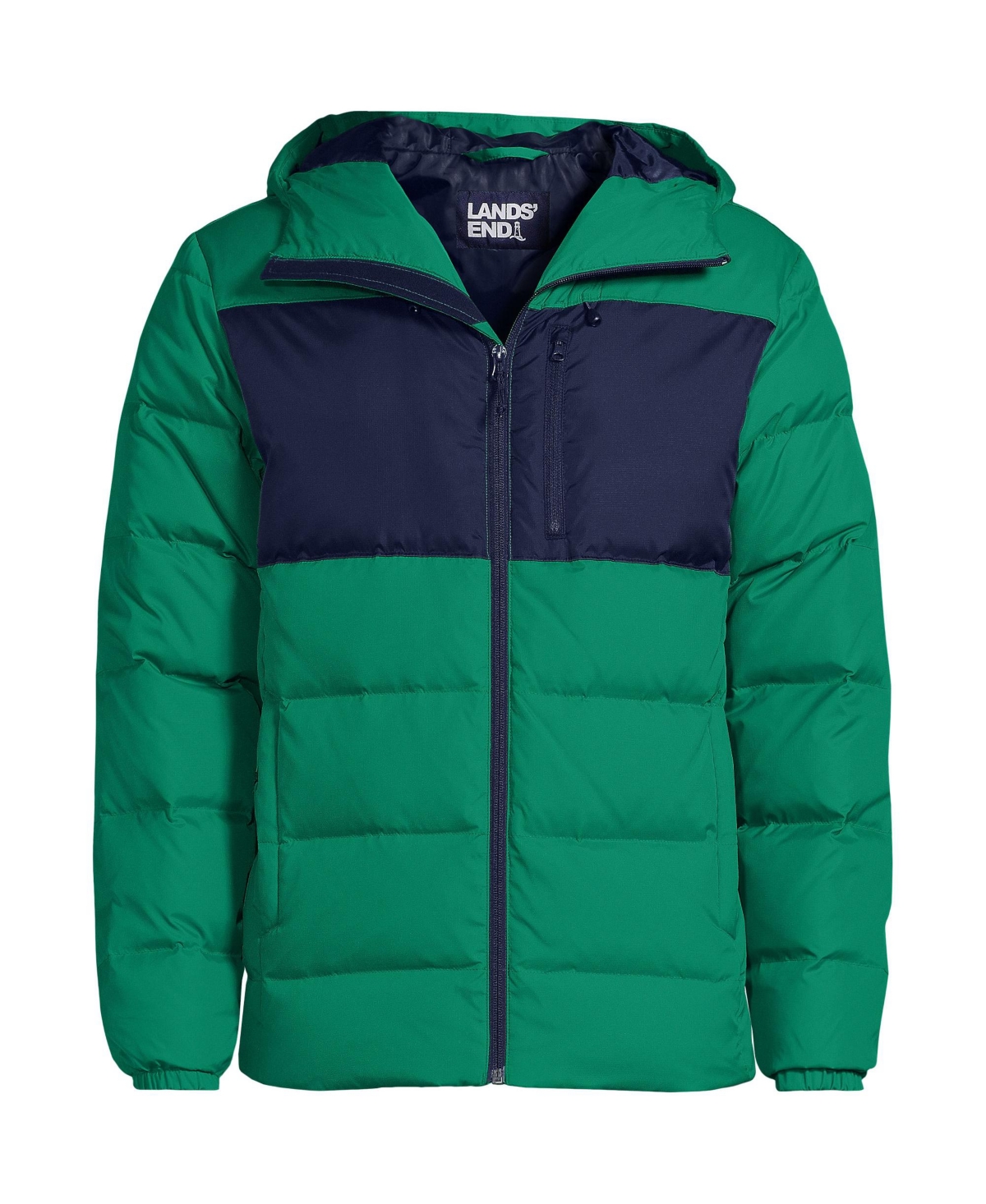 Lands' End Men's Max 600 Down Puffer Hooded Jacket -navy colorblock