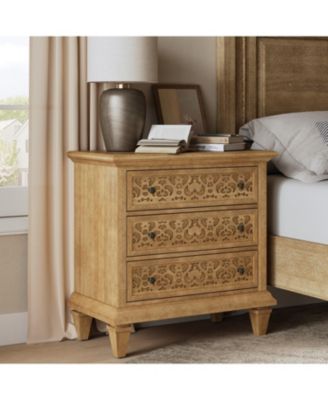 Talona 29'' W Transitional Carved 3 - Drawer End Table with Built-In Outlets and Solid Wood Legs