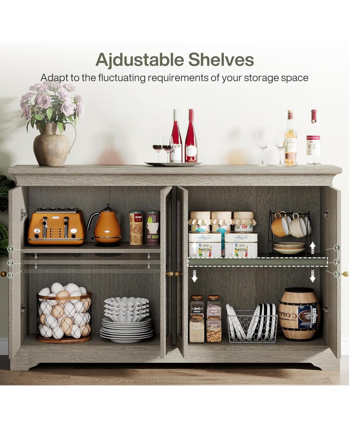 Tribesigns Mirrored Buffet Cabinet with Storage, Vintage Buffet Cabinet with 4 Doors and Adjustable Shelves, Wood Sideboard Buffet Cabinet for