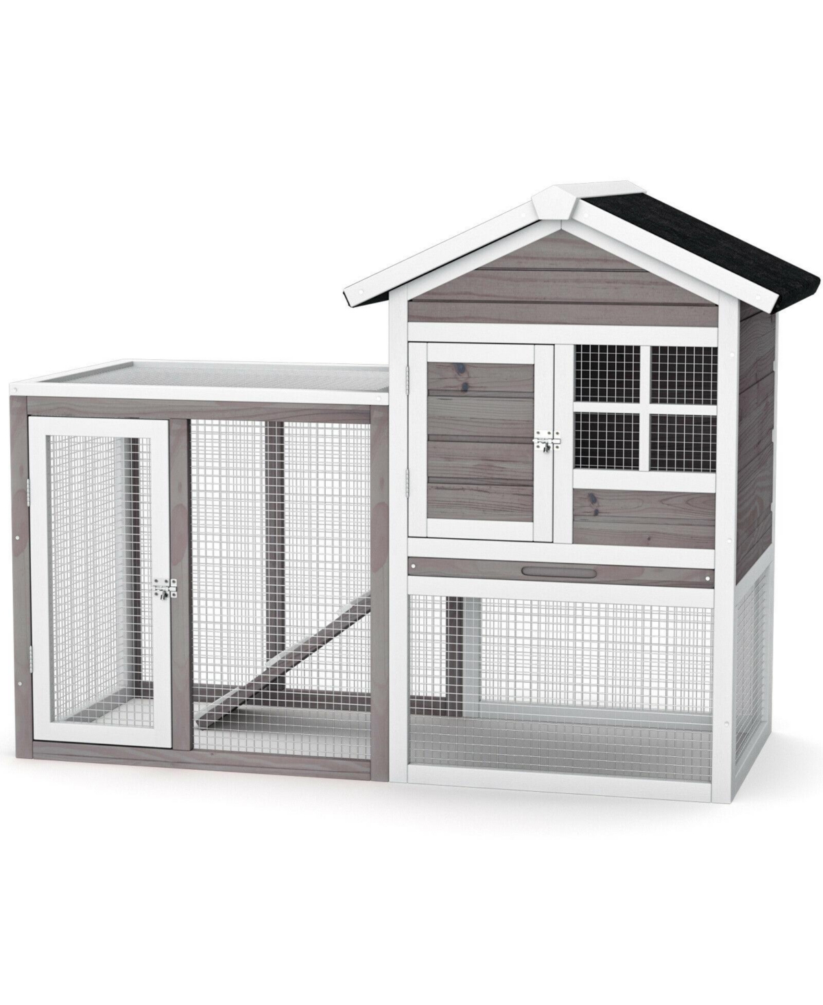 2-Story Wooden Rabbit/Dog Hutch with Running Area - Grey