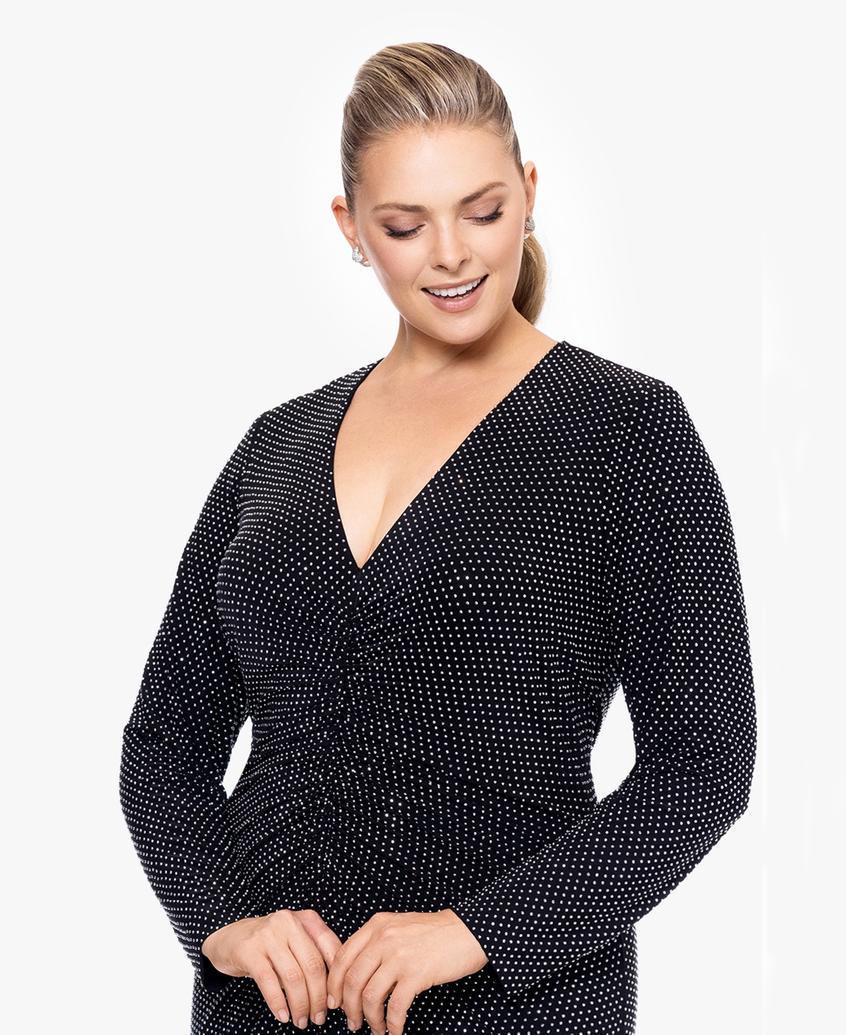 Xscape Plus Size Shimmer Center-Ruched V-Neck Gown -Silver