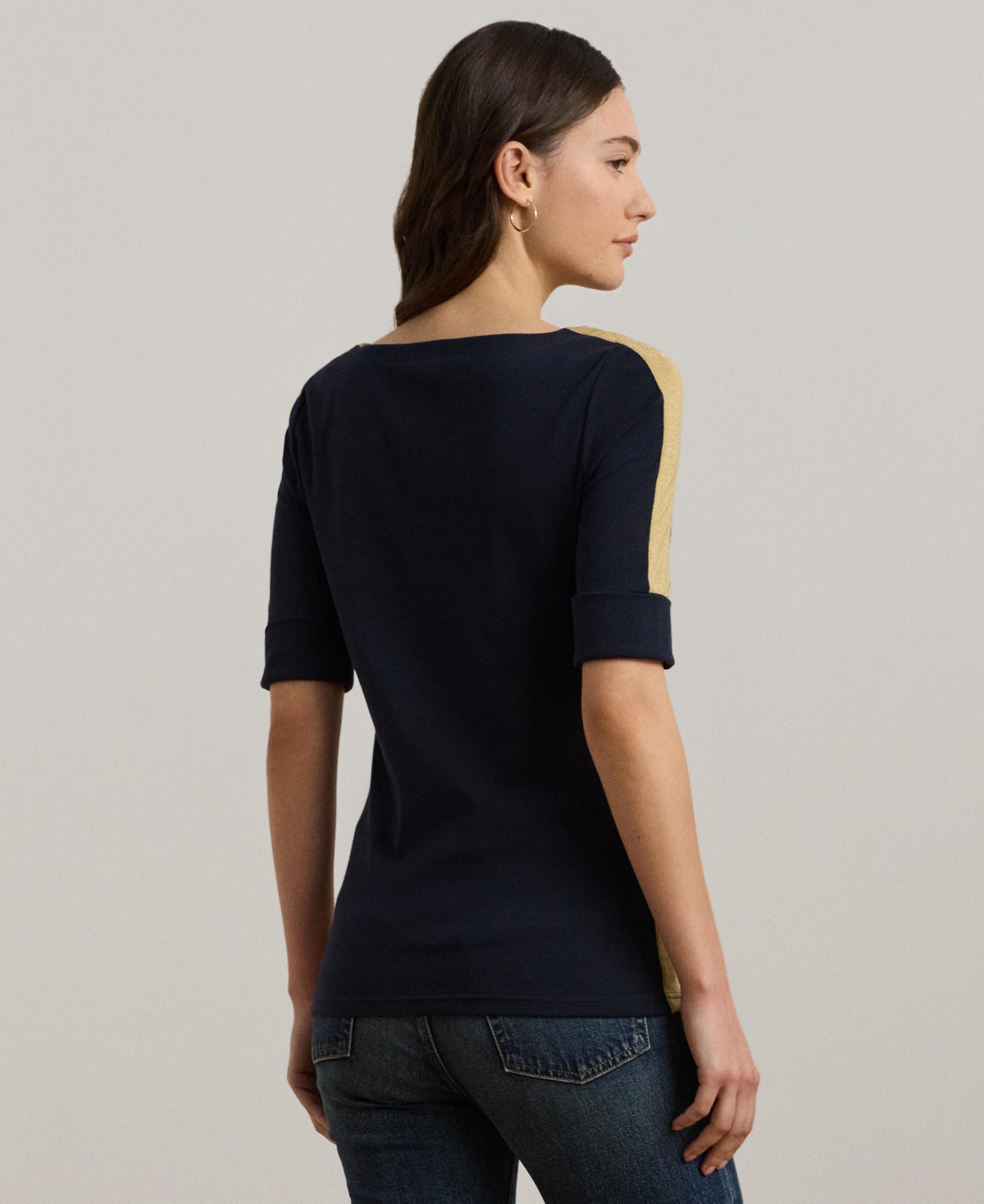 Lauren Ralph Lauren Women's Two-Tone Stretch Cotton Elbow-Sleeve Tee, Regular & Petite -relic Gold