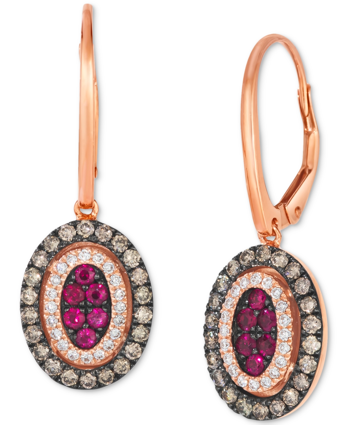 Chocolatier Passion Ruby (1/3 ct. t.w.) & Diamond (5/8 ct. t.w.) Halo Cluster Oval Drop Earrings in 14k Rose Gold - Rose Gold