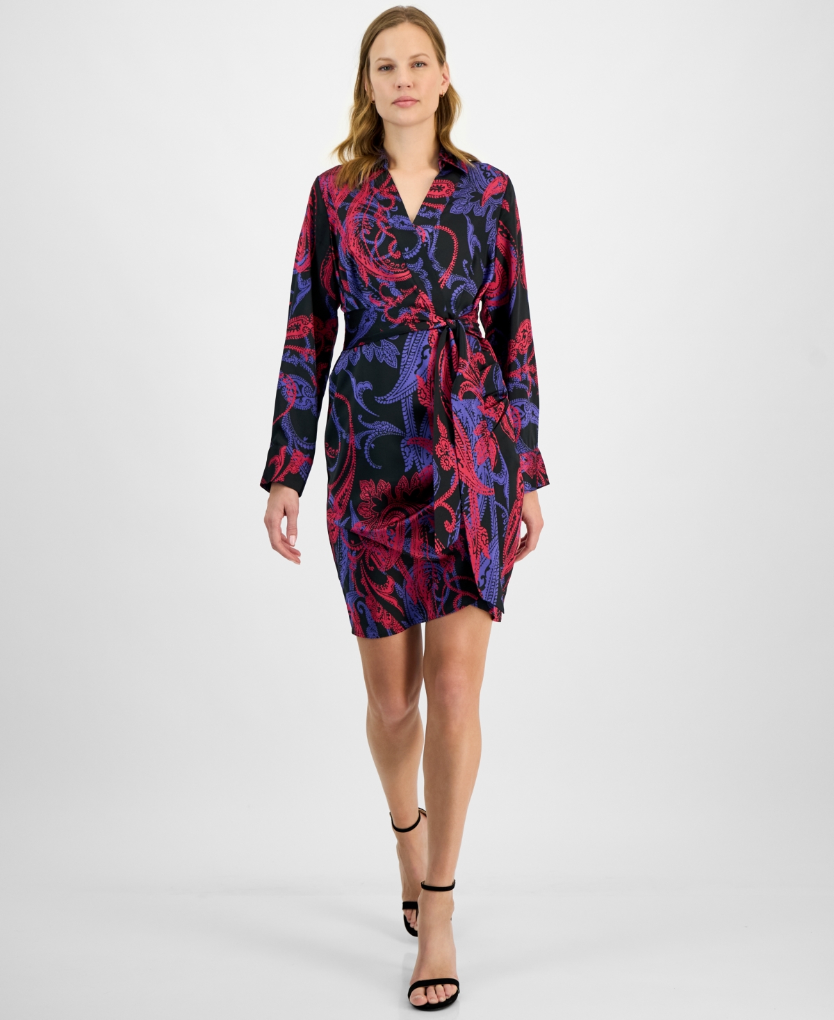 Shop Tahari Asl Women's Printed Faux-wrap Dress In Black Cobalt