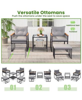 5 Piece Outdoor Conversation Set Rattan Armchairs with 2-Layer Side Table