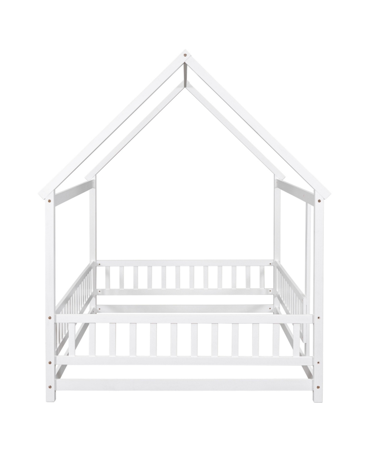 Slickblue Full Size Floor Wooden Bed with House Roof Frame, Fence Guardrails