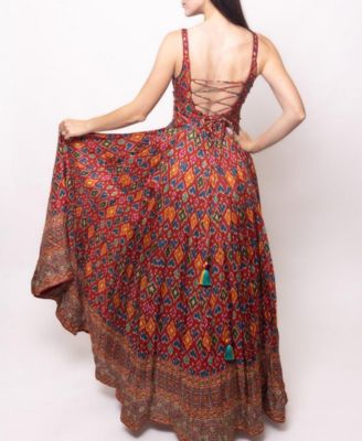 Women's Red Patola Print Gown with Embellishment on Torso