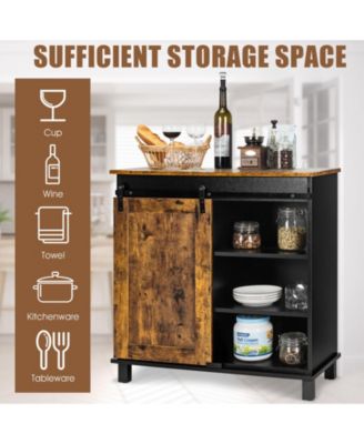 32" Barn Door, 3-Tier Shelves, Detachable Wine Rack, Industrial Style Farmhouse Sideboard Cabinet