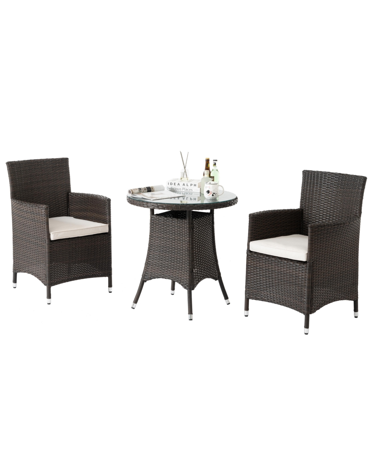 Slickblue 3-Piece Outdoor Dining Set, All-Weather Wicker Table & Chairs with Cushions, Round Tempered Glass Top