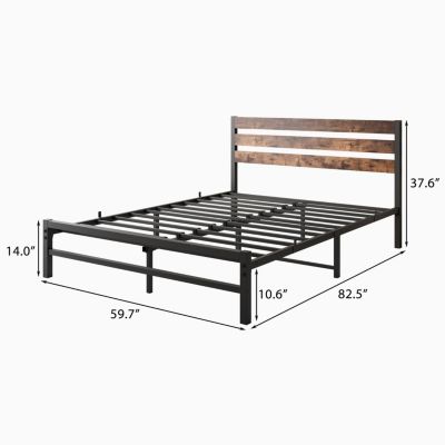 Queen Size Platform Bed Frame With Rustic Vintage Wood Headboard, Strong Metal Slats Support