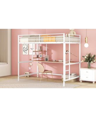 Set of 1 Full Metal Loft Bed With Desk And Shelves