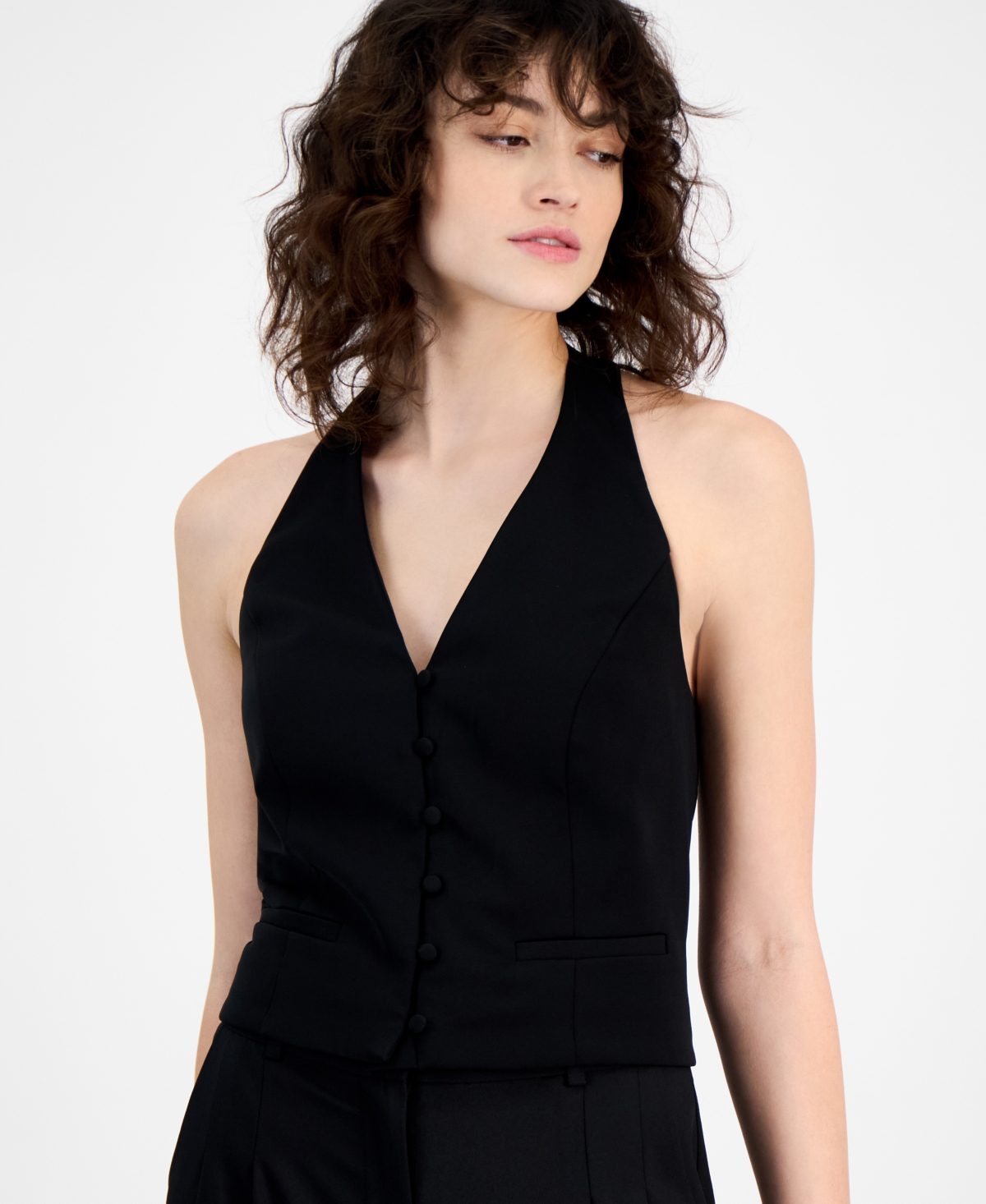 BAR III WOMEN'S HALTER BUTTON-FRONT VEST TOP, EXCLUSIVELY AT MACY'S 