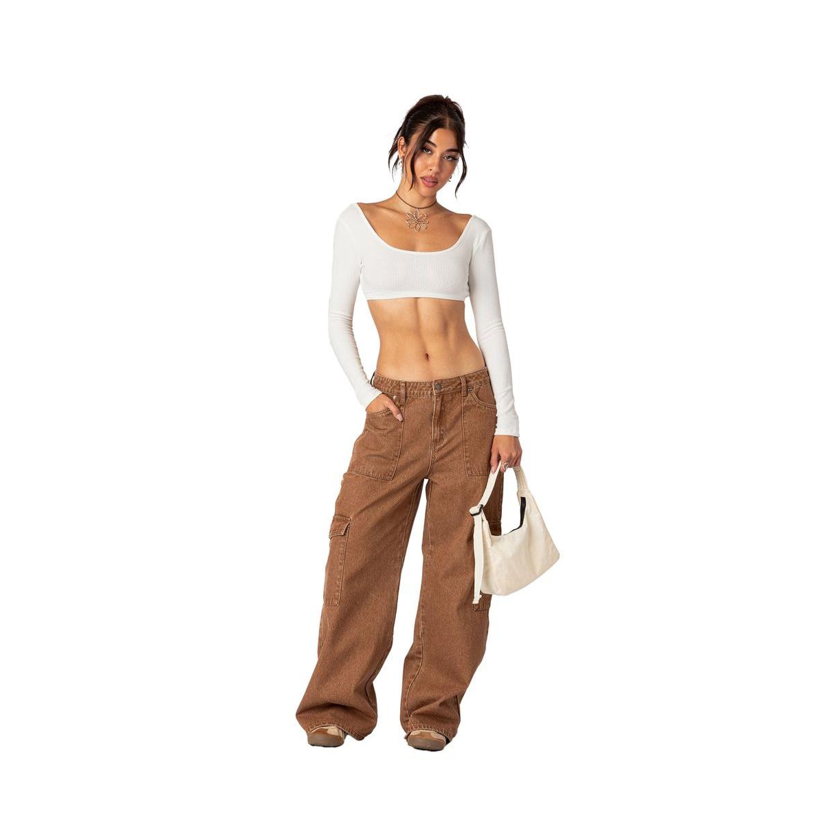Edikted Women's Stone wash mid rise cargo pants - Brown-washed