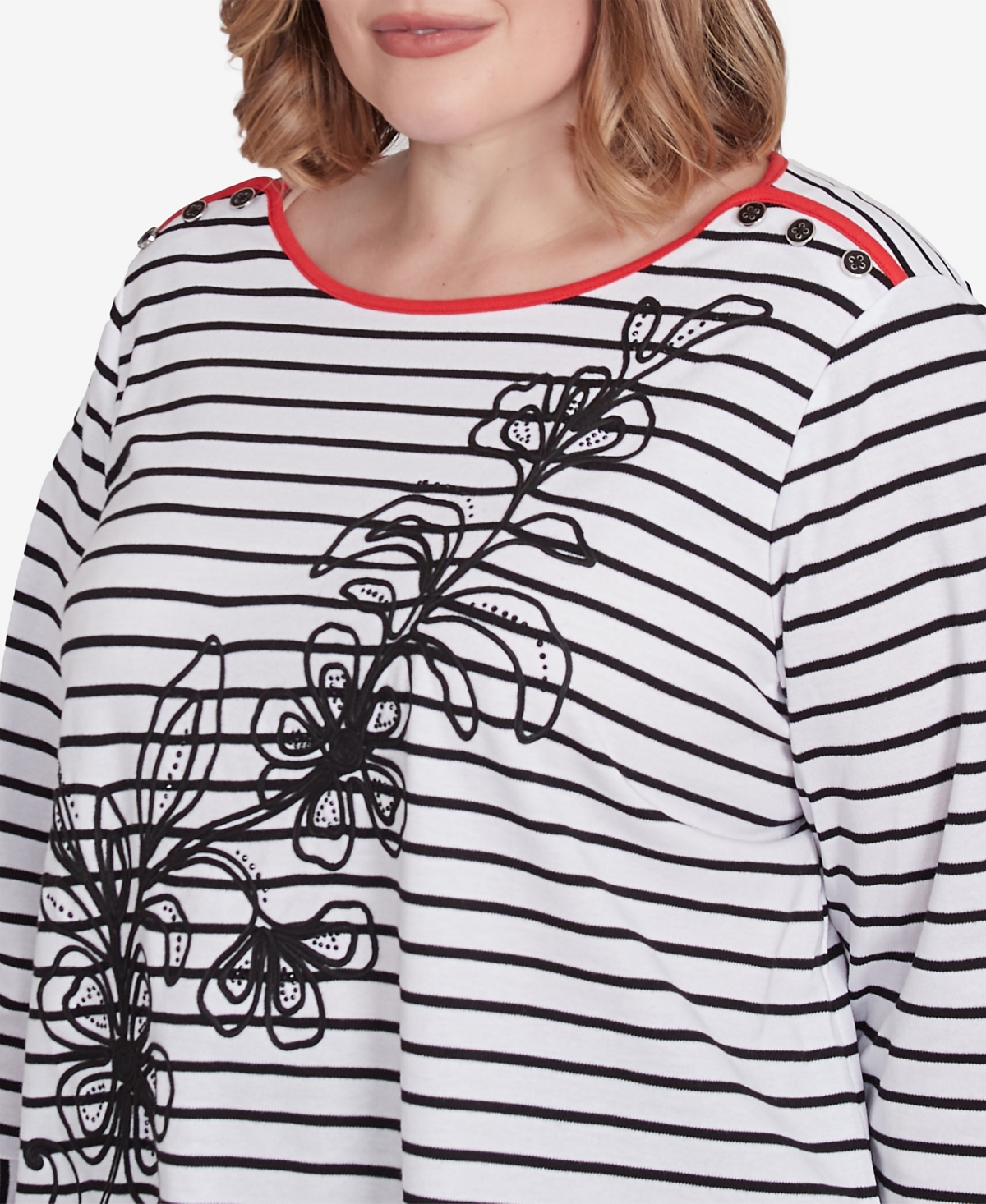 Alfred Dunner Plus Size Wild at Heart Striped Floral Flared Sleeve Top -White