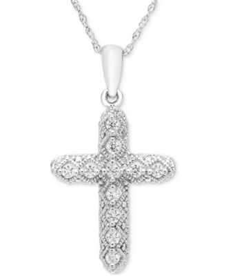 Macy's - Diamond Cross Pendant 18" Necklace (1/8 ct. t.w.) in 14k White Gold