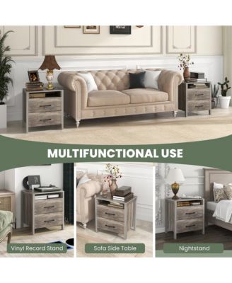 Nightstand w/ 2 Drawers Farmhouse Bed Side Table w/ Open Storage Shelf