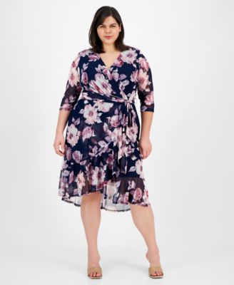 Connected - Plus Size 3/4-Sleeve Ruffle-Trimmed Wrap Dress