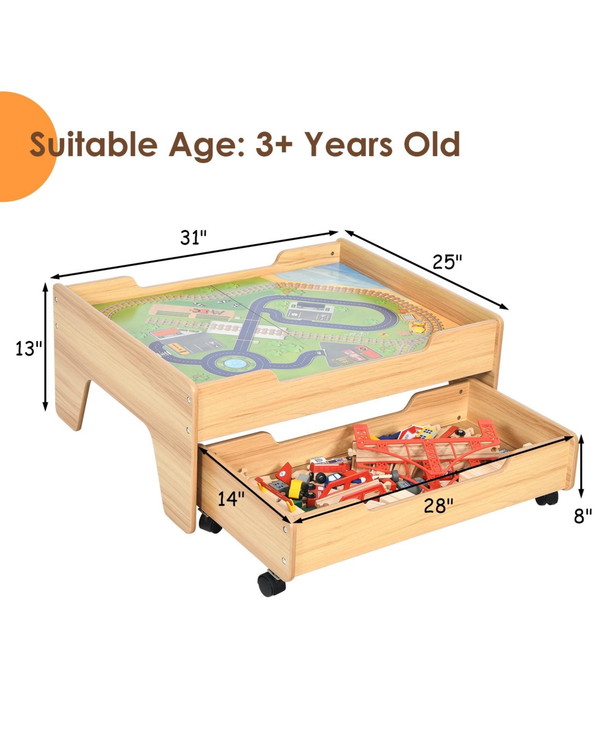 Gouun Children's Wooden Railway Set Table with 100 Pieces Storage Drawers