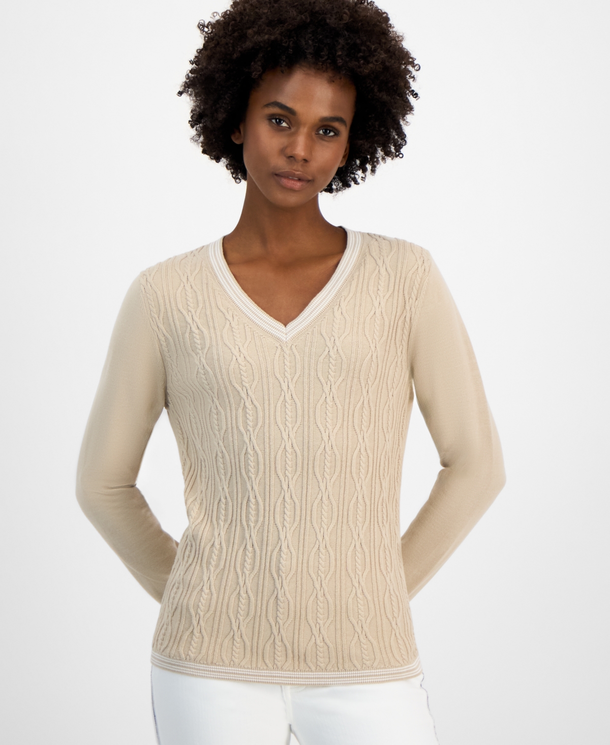 Women's Cotton Cable-Knit Contrast-Trim Sweater - Khaki
