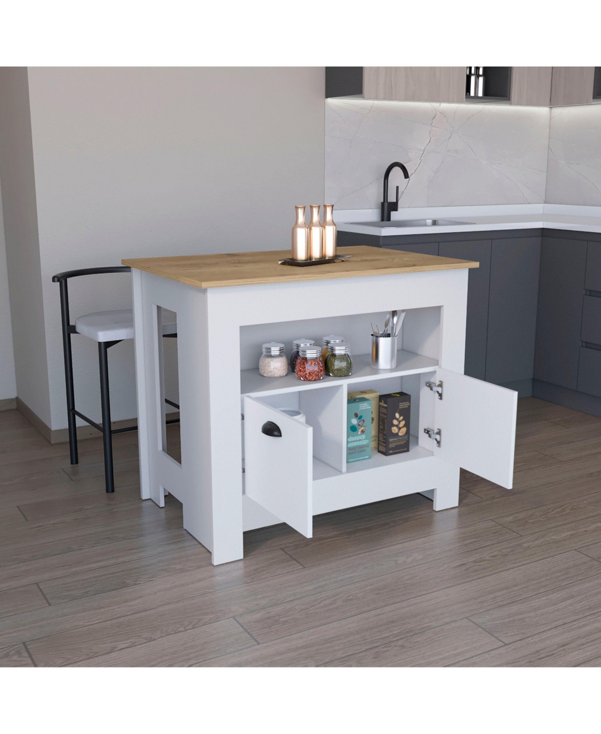 Depot E-Shop Floyd Kitchen Island H, whit 2 doors, 3 shelves