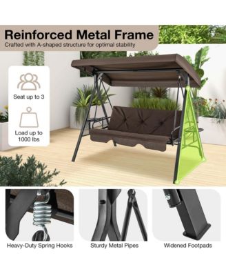 3-Seat Patio Porch Swing with Adjustable Canopy Soft Seat Back Cushions Side Tables
