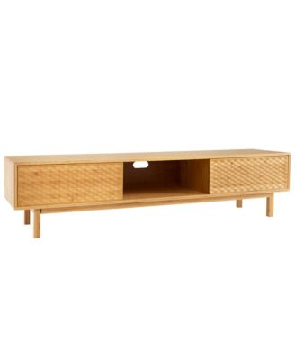63" Bamboo TV Stand with 3 Storage Cubes Sliding Doors Mid Century Storage Cabinet