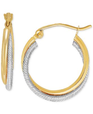 Macy's - Small Polished Crossover Tube Hoop Earrings in 10K Yellow and White Gold, 0.7"
