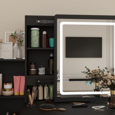 4-Drawer Vanity Set – Wood Makeup Table with LED Sliding Mirror, Stool, Cabinet & Shelves