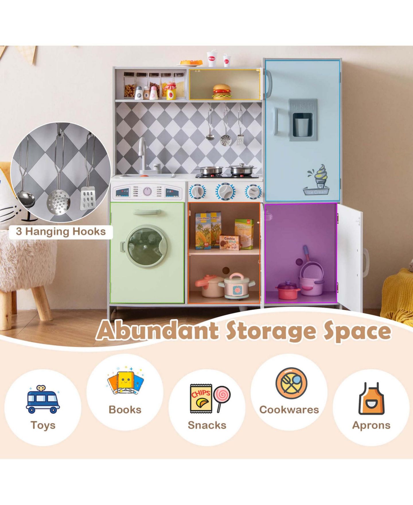 Детский игровой набор Costway Lights & Sounds Ice Maker Kitchen Playset, от 3 лет, цвет: Белый — фото 6