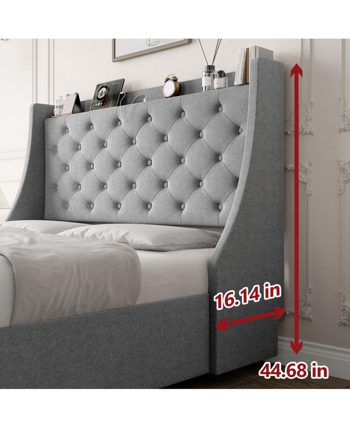 gaomon Upholstered Platform Bed With Storage Headboard, Charging Station, And 4 Drawers - Wood Slat Support, Easy Assembly - No Box Spring Needed - Gr