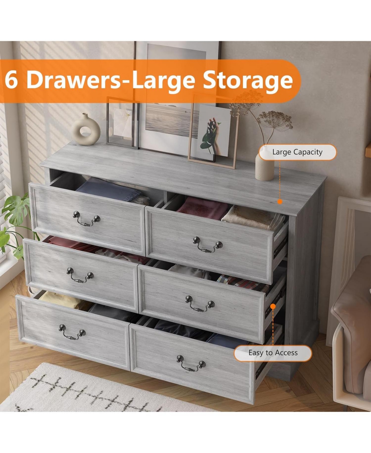 gaomon Modern Farmhouse 6-Drawer Double Dresser - Rustic Wood Storage Cabinet For Bedroom/Living Room