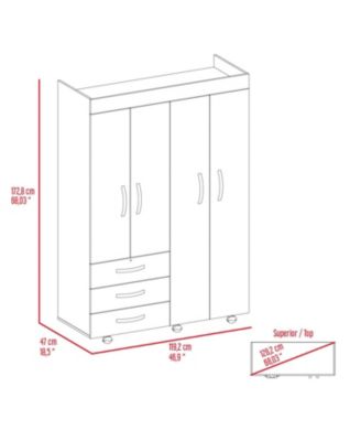 Hamilton Mobile Armoire, Double Door Cabinet, Three Drawers, Rods, Two Shelves, Black