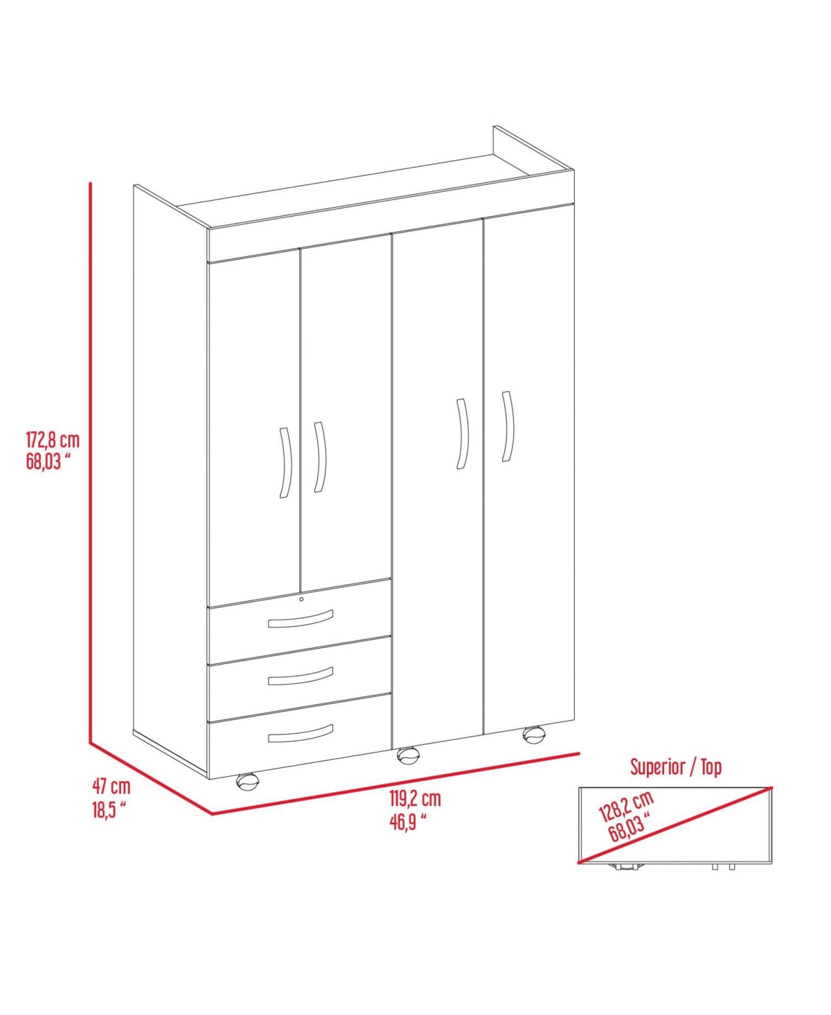 Depot E-Shop Hamilton Mobile Armoire, Double Door Cabinet, Three Drawers, Rods, Two Shelves,- Black