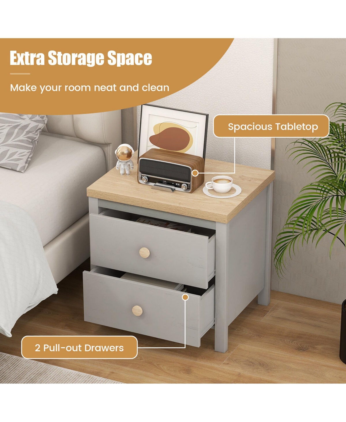 Gymax 2 Pcs Nightstand Farmhouse Side End Table w/ Solid Wood Legs & 2 Drawers