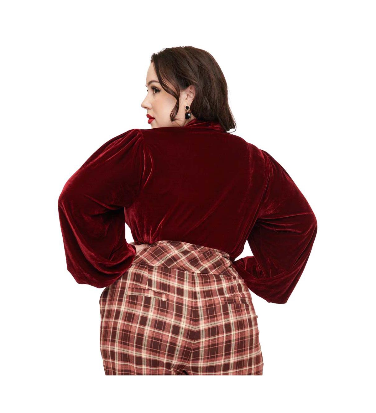 Unique Vintage Plus Size Velvet Long Sleeve Neck Tie Gwen Blouse