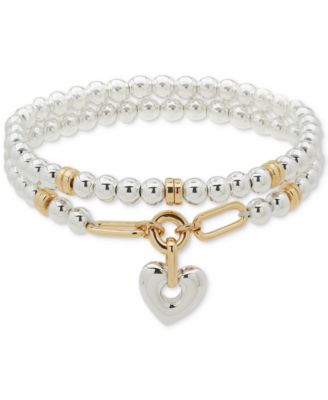 Anne Klein - Two-Tone Heart Charm Beaded Double Row Stretch Bracelet