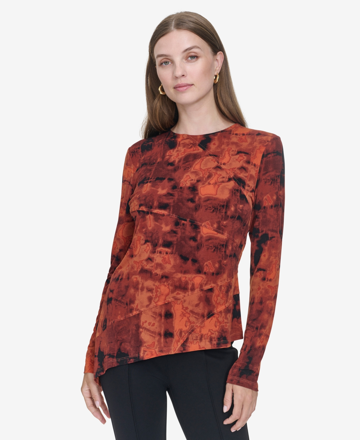 Halston Women's Printed Asymmetric-Hem Long-Sleeve Blouse
