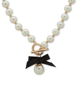 Anne Klein - Gold-Tone Imitation Pearl & Black Bow Toggle Pendant Necklace, 16" + 3" extender