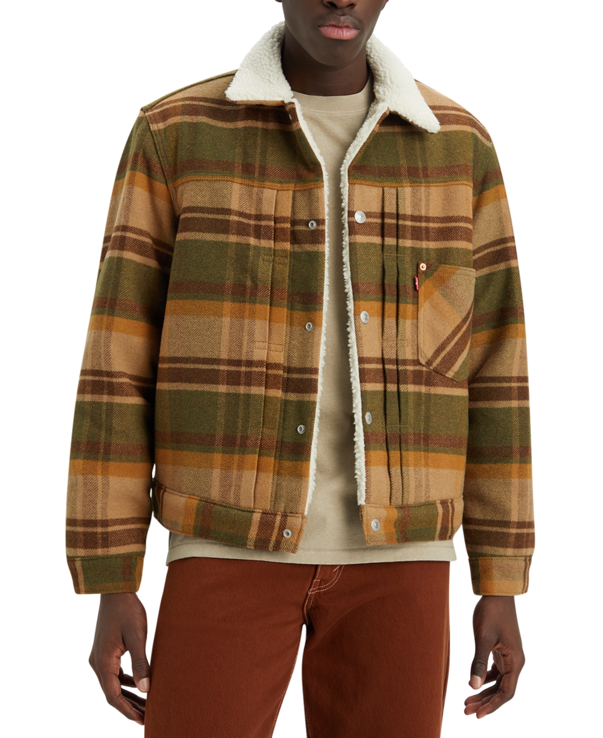 Men's Plaid Sherpa Trucker Jacket In Barold Paild 1 Winter Moss