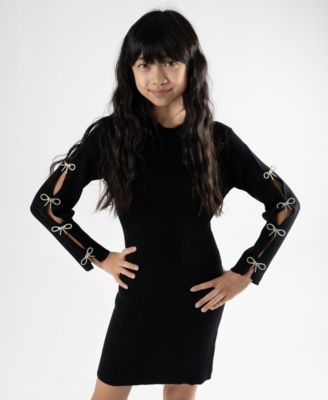 Stella 88 Big Girls Rhinestone Bows Rib Knit Dress - Macy's